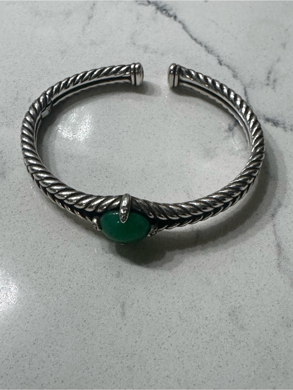David Yurman Sterling-Style Silver Twisted Cuff Bracelet with Green Stone